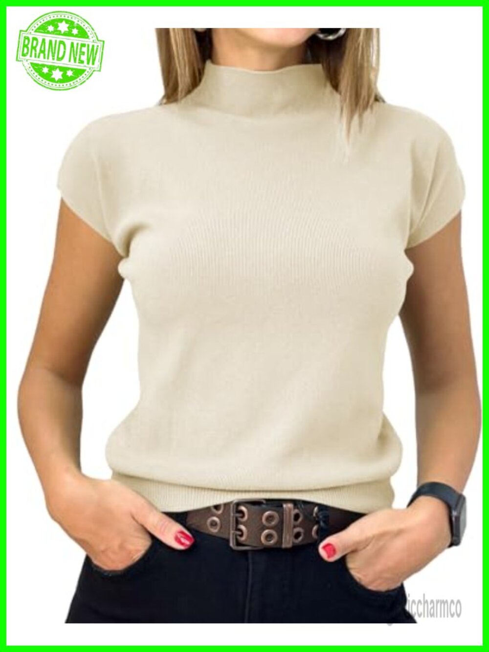 Saodimallsu Womens Short Sleeve Knit Sweater Top Mock Neck Summer Slim Fit